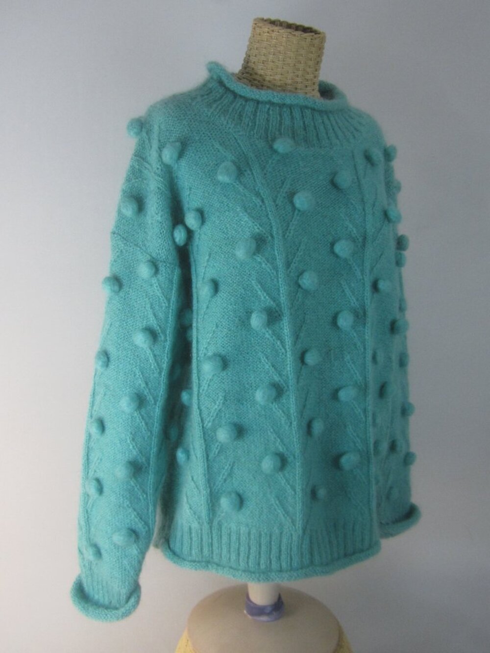 Vtg Cherrys Women M Aqua Blue Bobble Popcorn Mohair Sweater Large Cottage Cozy
